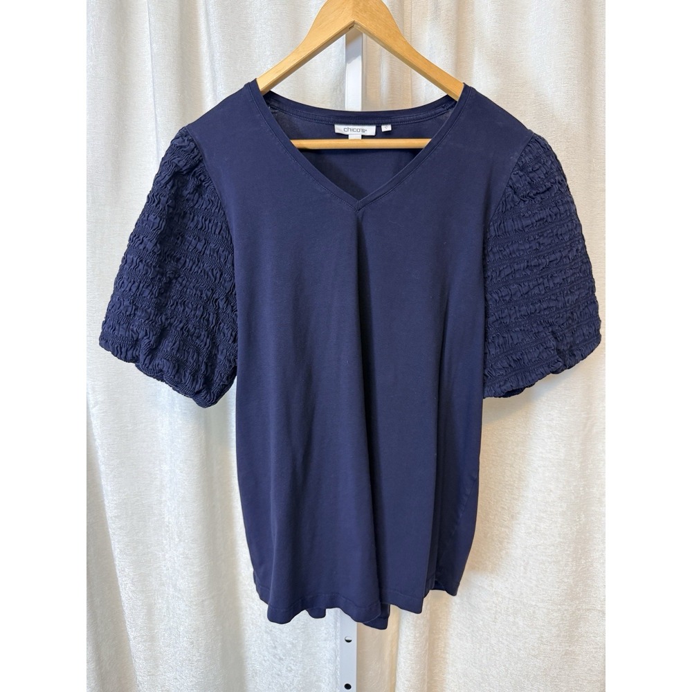 Chico's Navy Blue Shirt Intricate Textured Puff Sleeves V-Neckline Casual Sz L 2